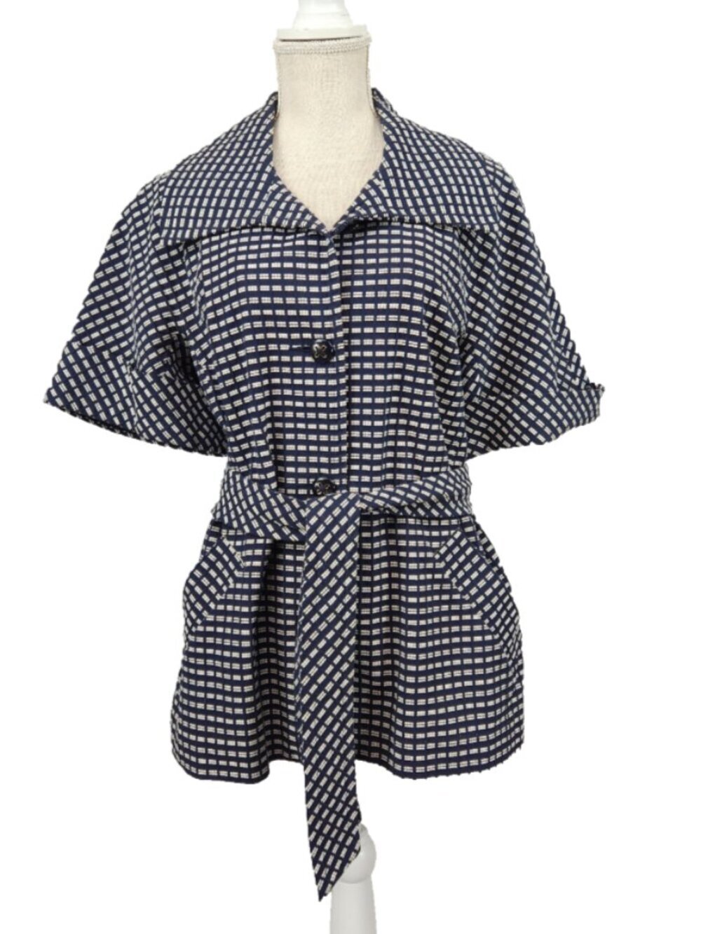 Trina Turk Belted Short Sleeve Blazer Jacket Women's 10 Navy White Textured